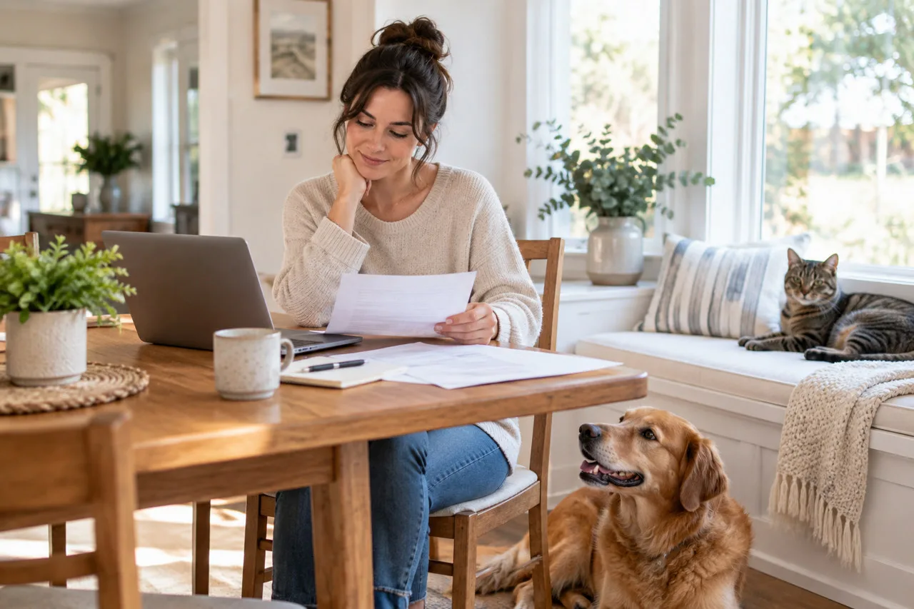 Owner reviewing paperwork with a dog nearby