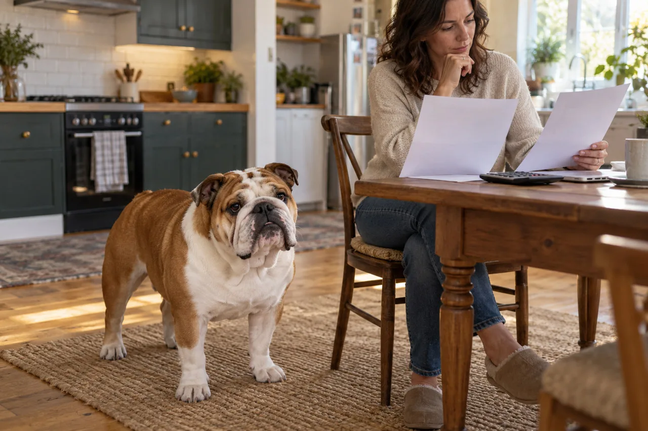 English Bulldog-type dog standing beside an owner comparing papers at a kitchen table